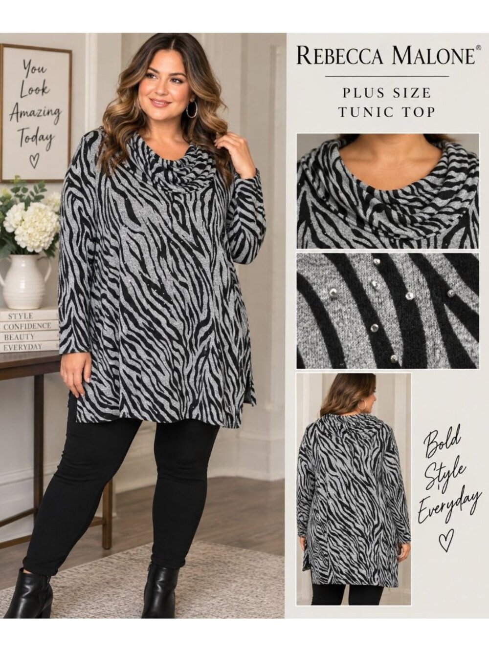 NWT Rebecca Malone Womens 2X Zebra Tunic Top Cowl Neck Studded Black Gray Plus